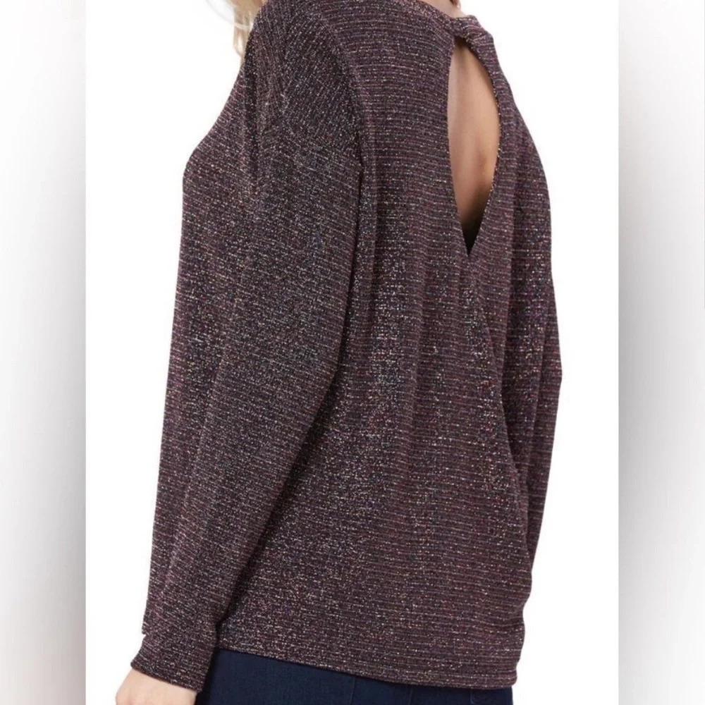 PAIGE Celeste Open Back Lurex Striped Metallic Weave Long Sleeve Shirt